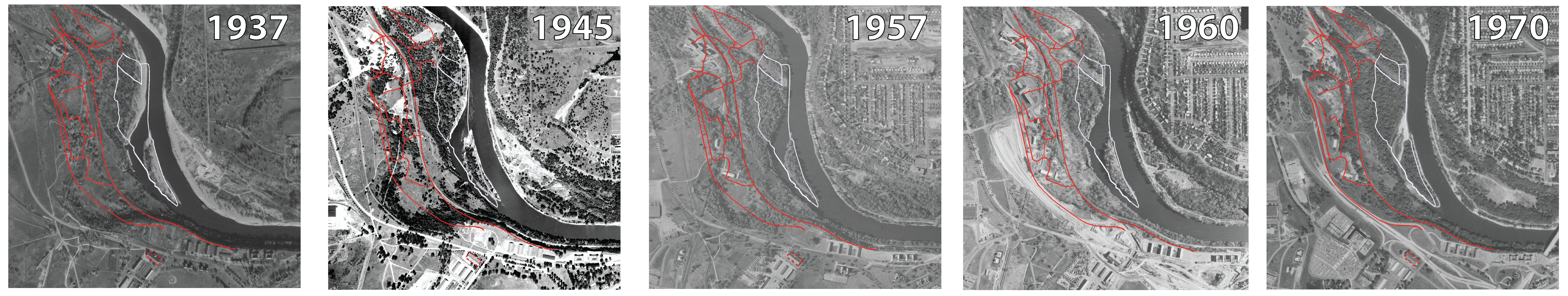 Historical aerial sequence showing changing river-edge landforms near the modern Minnehaha off-leash area